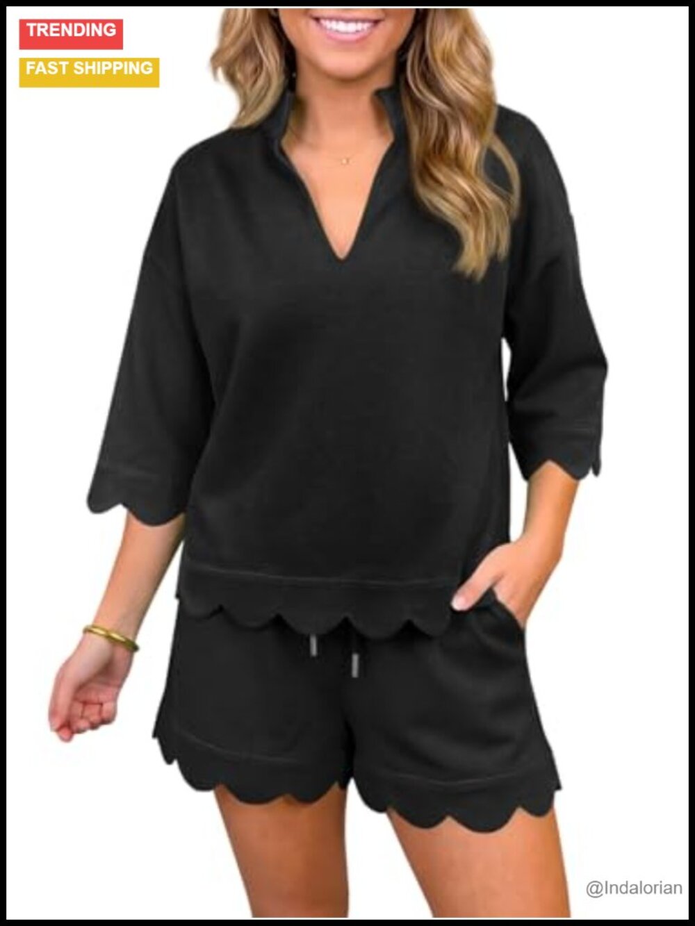 Women's 2 Piece Lounge Set 3/4 Sleeve Sweatshirt & Drawstring Shorts, Soft Knit
